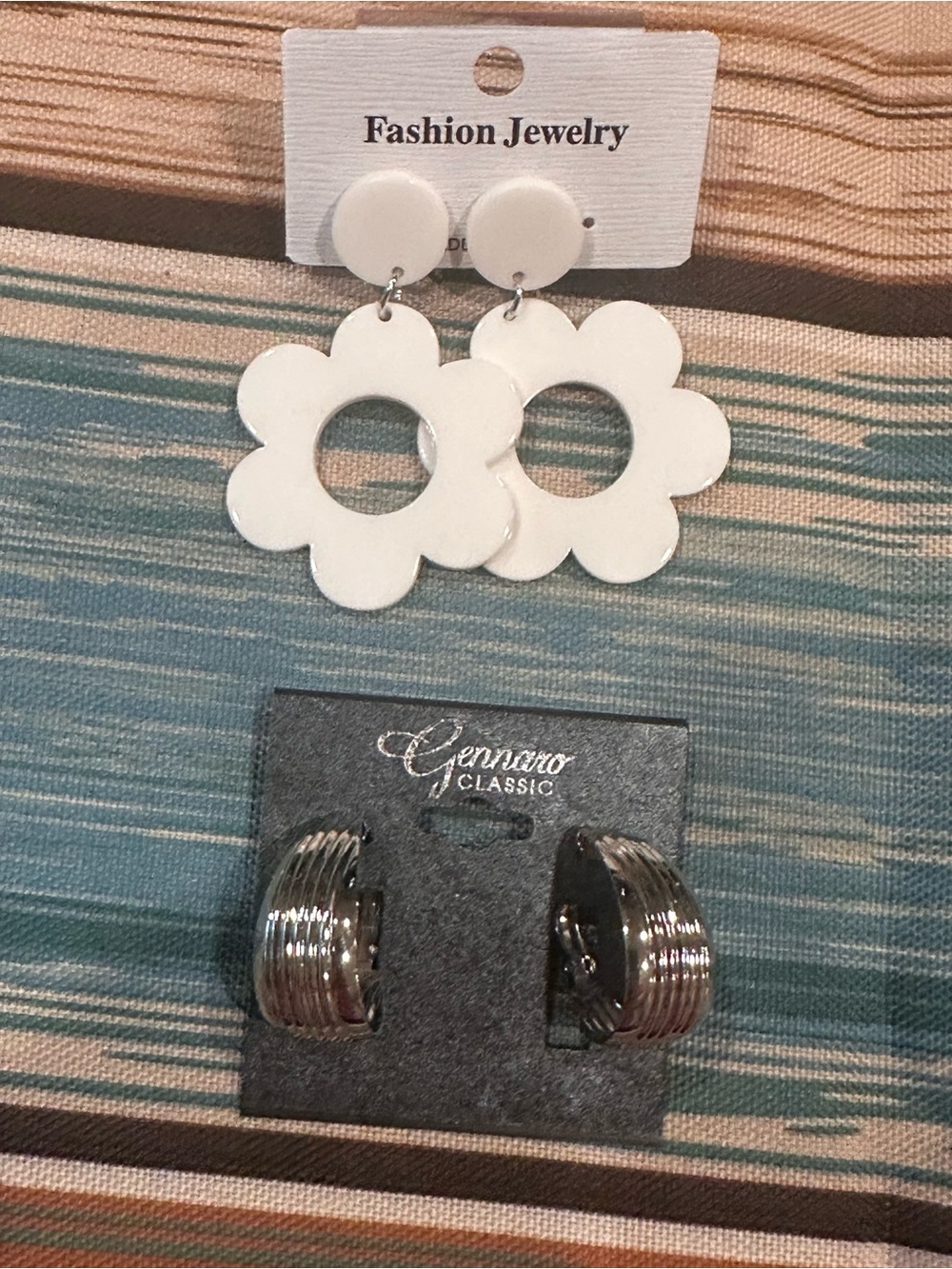 Gennaro Jewelry White Flower Drop Clip On Earrings - Silver half hoops small